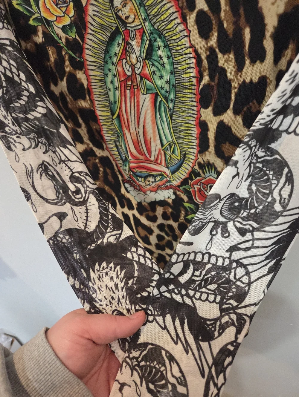 Ed Hardy Dolls Kill Sz Small Leopard Mesh Bodycon Mini Dress Virgin Mary Graphic - Picture 5 of 12